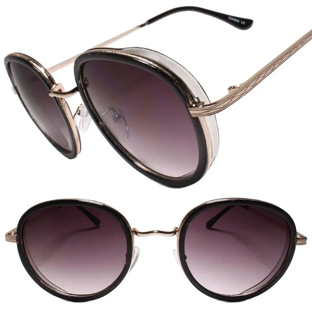 Indie Dapper 80s 90s Retro Vintage Look Round Black & Gold Frame Sunglasses